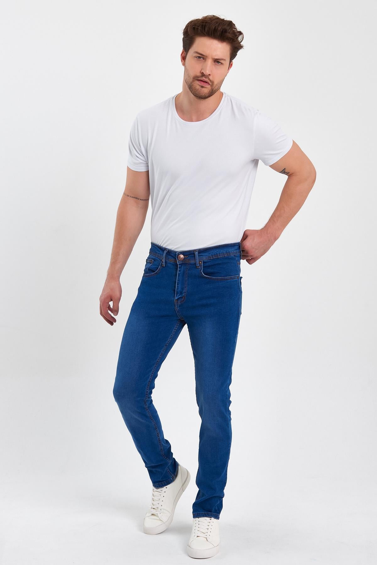 FİHA/IRGAG-8063 ERKEK FERMUARLI TAŞLI  SLİM FİT JEANS - KOYU MAVİ TAŞLI