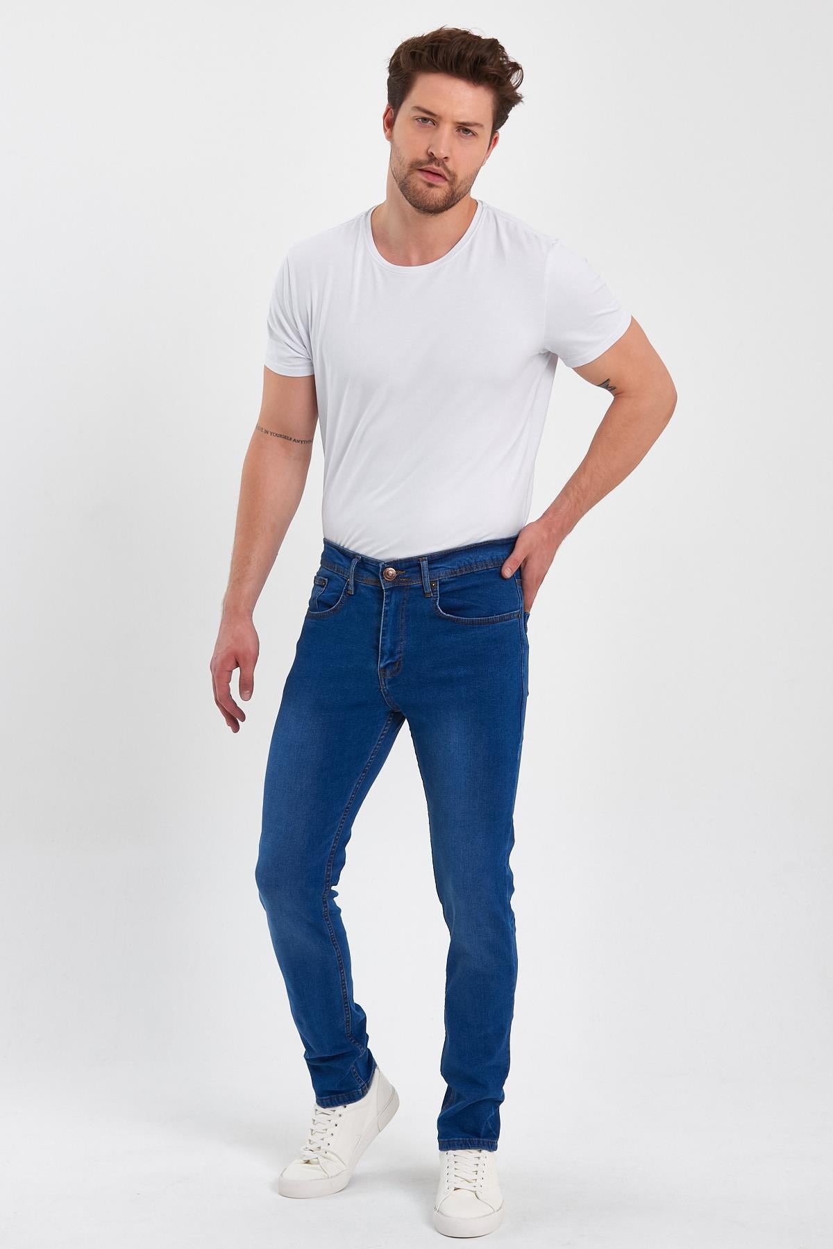 FİHA/IRGAG-8063 ERKEK FERMUARLI TAŞLI  SLİM FİT JEANS - KOYU MAVİ TAŞLI