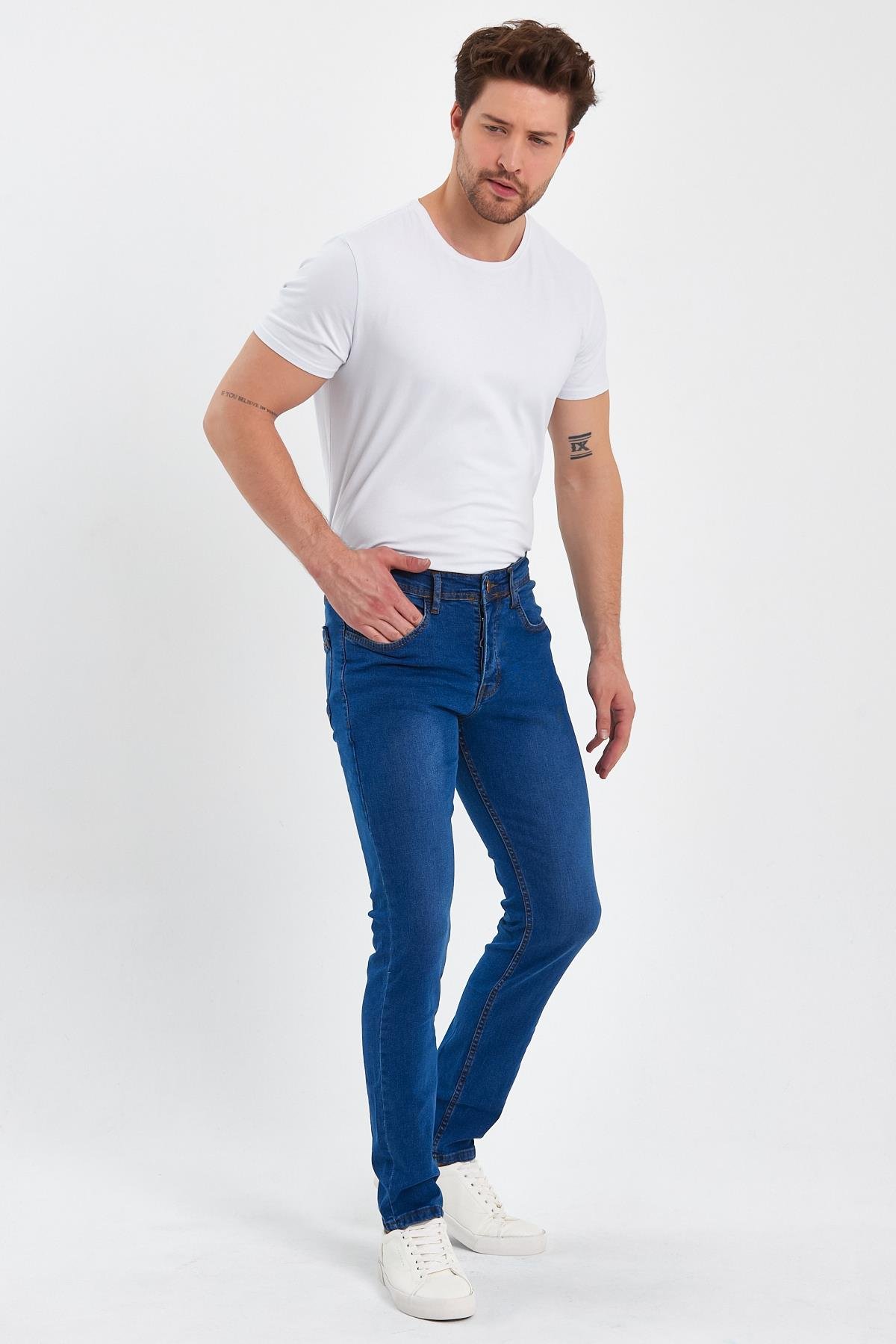 FİHA/IRGAG-8063 ERKEK FERMUARLI TAŞLI SLİM FİT JEANS - MAVİ TAŞLI 