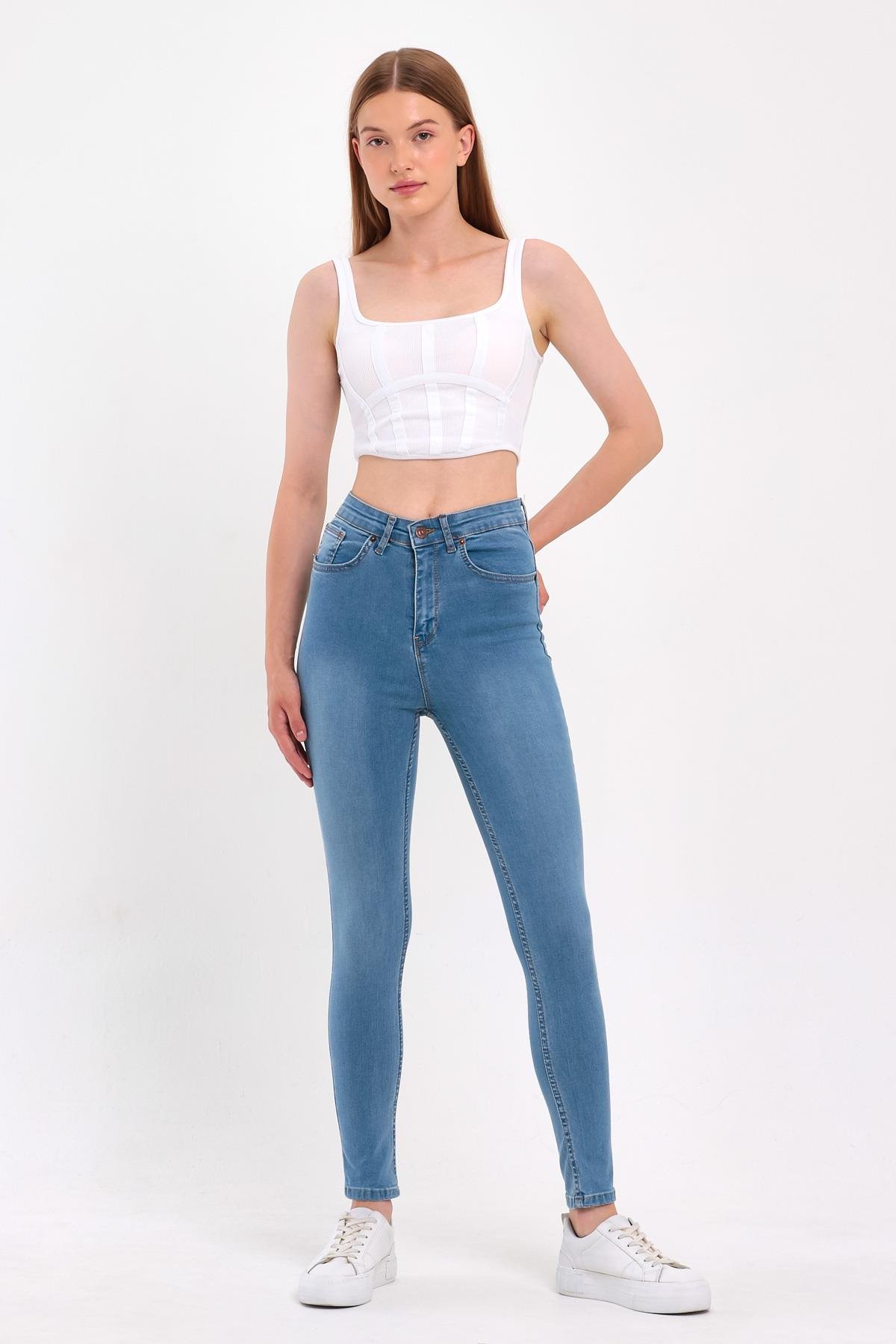 FİHA/NEZİK-4342 KADIN TAŞLAMALI JEANS - AÇIK MAVİ 