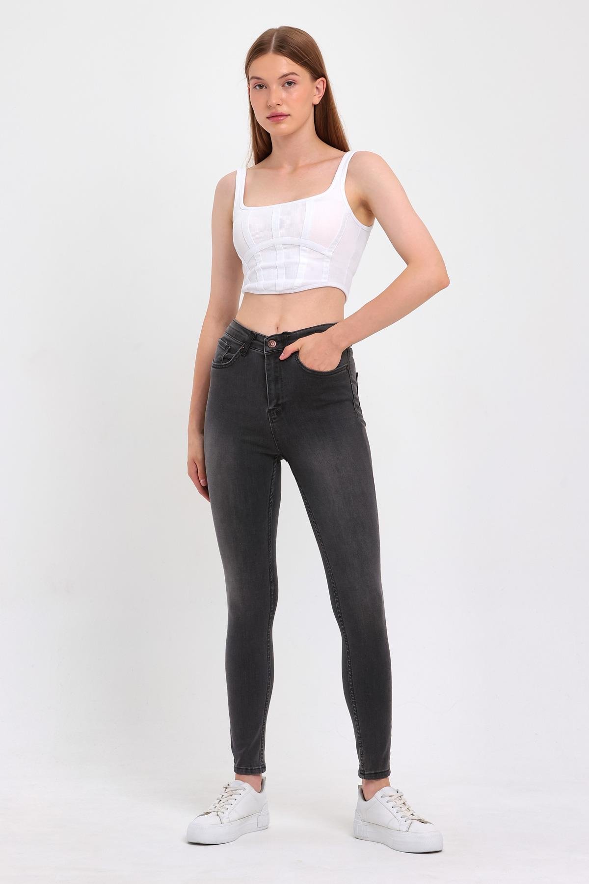 FİHA/NEZİK-4342 KADIN TAŞLAMALI JEANS - GRİ 