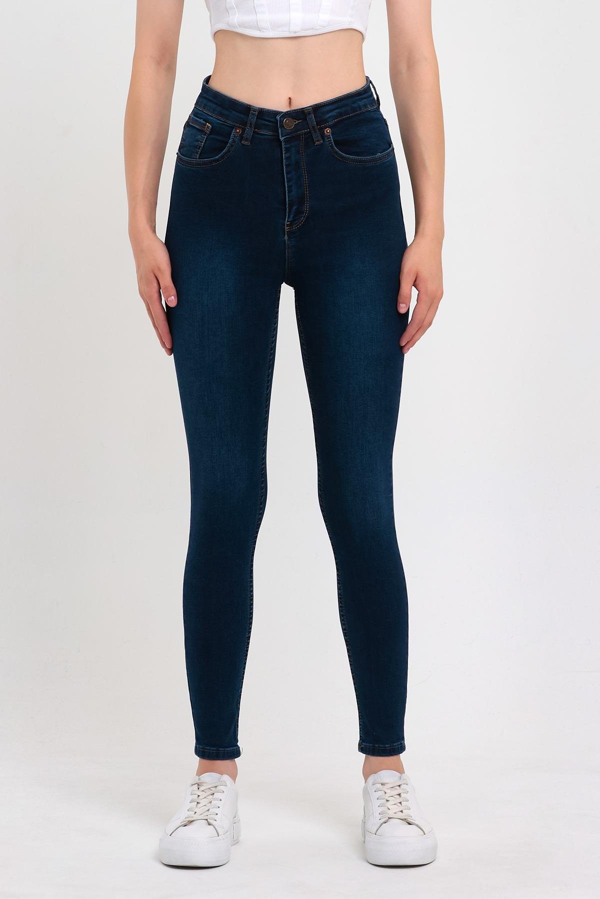 FİHA/NEZİK-4342 KADIN TAŞLAMALI JEANS - KOYU MAVİ