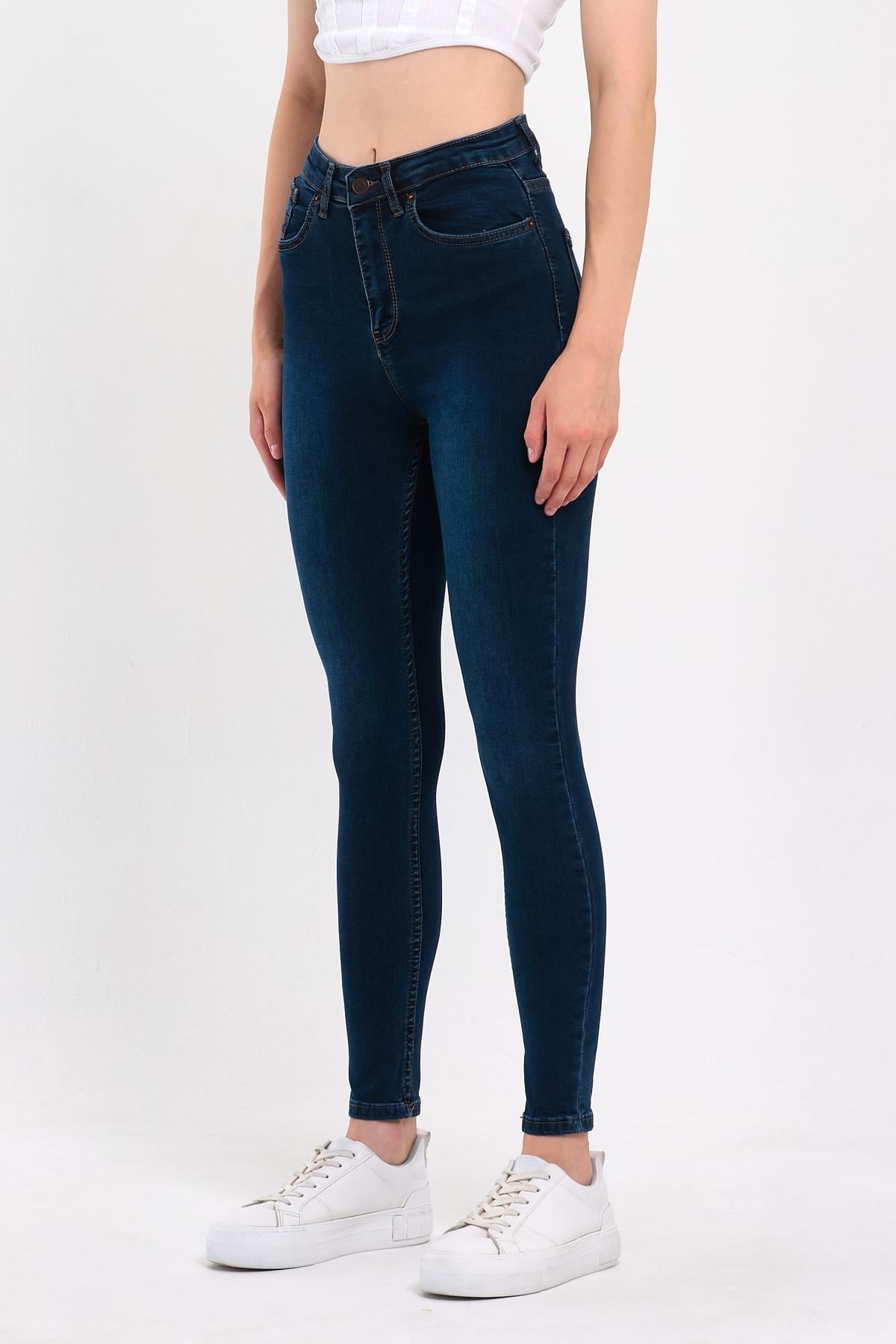 FİHA/NEZİK-4342 KADIN TAŞLAMALI JEANS - KOYU MAVİ