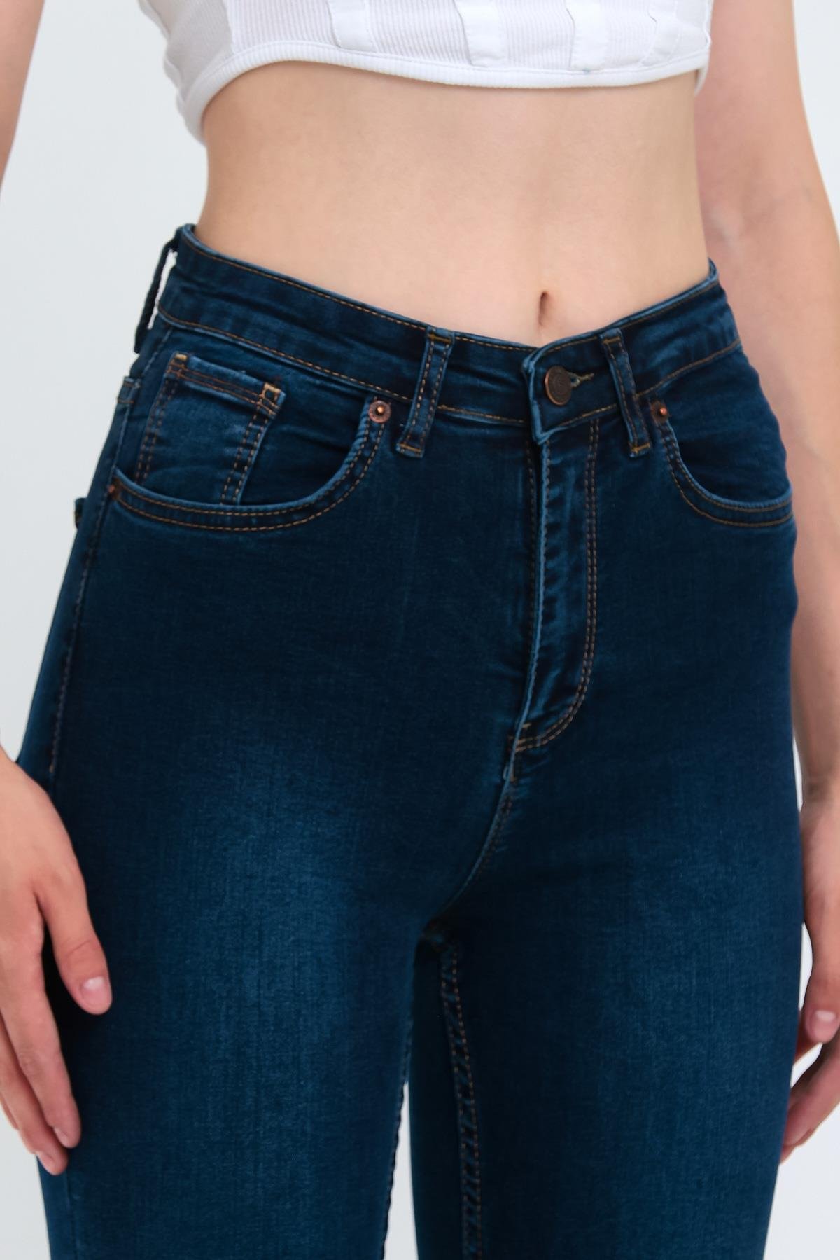 FİHA/NEZİK-4342 KADIN TAŞLAMALI JEANS - KOYU MAVİ