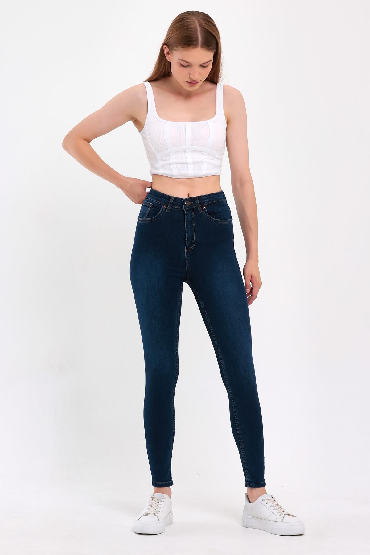 FİHA/NEZİK-4342 KADIN TAŞLAMALI JEANS - KOYU MAVİ