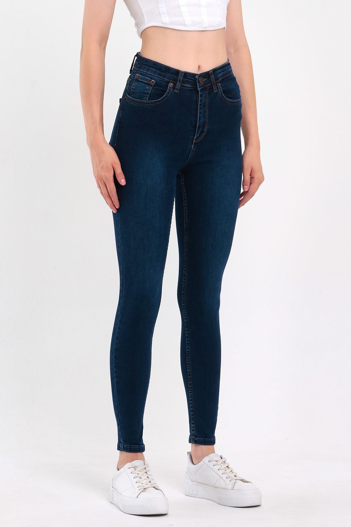 FİHA/NEZİK-4342 KADIN TAŞLAMALI JEANS - KOYU MAVİ