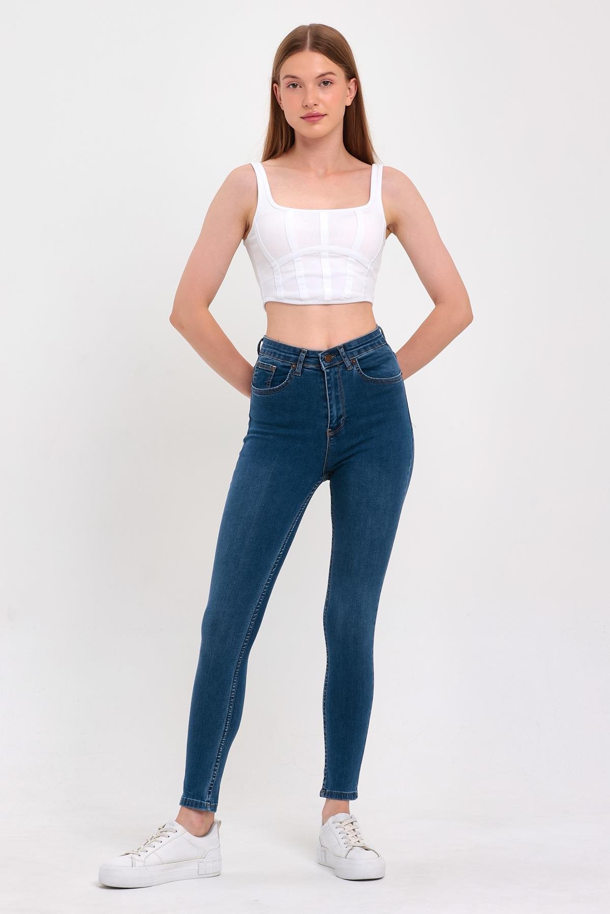 FİHA/NEZİK-4342 KADIN TAŞLAMALI JEANS - MAVİ 