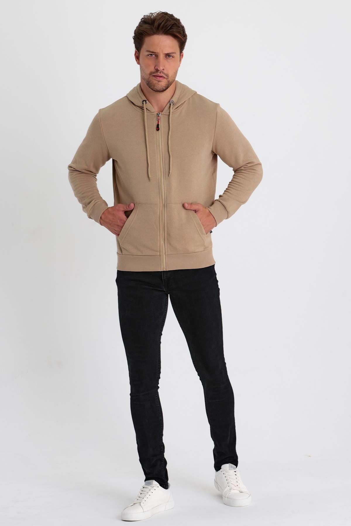 FİHA/NİRE-8124 ERKEK FERMUARLI KAPŞ.KANGURU CEPLİ SWEAT - EKRU