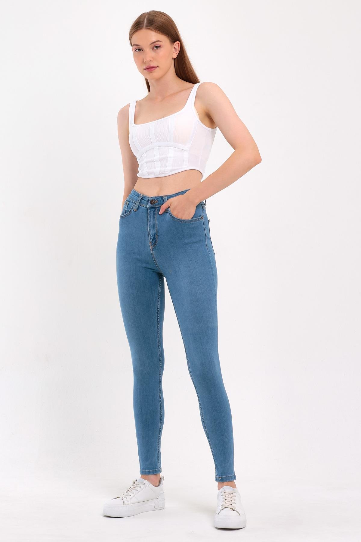 FİHA/PARILTI-4341 KADIN DÜZ JEANS - AÇIK MAVİ