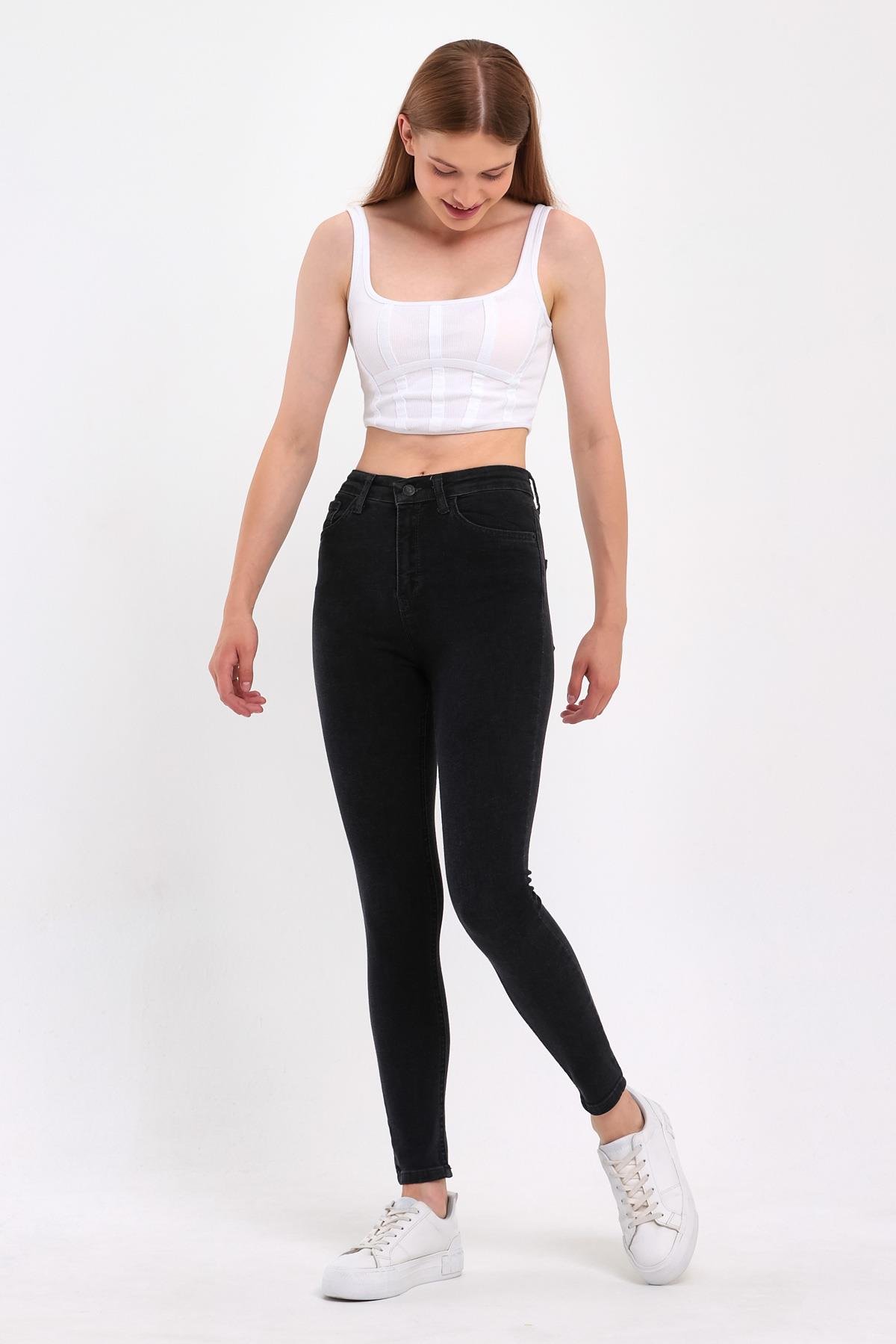 FİHA/PARILTI-4341 KADIN DÜZ JEANS FÜME