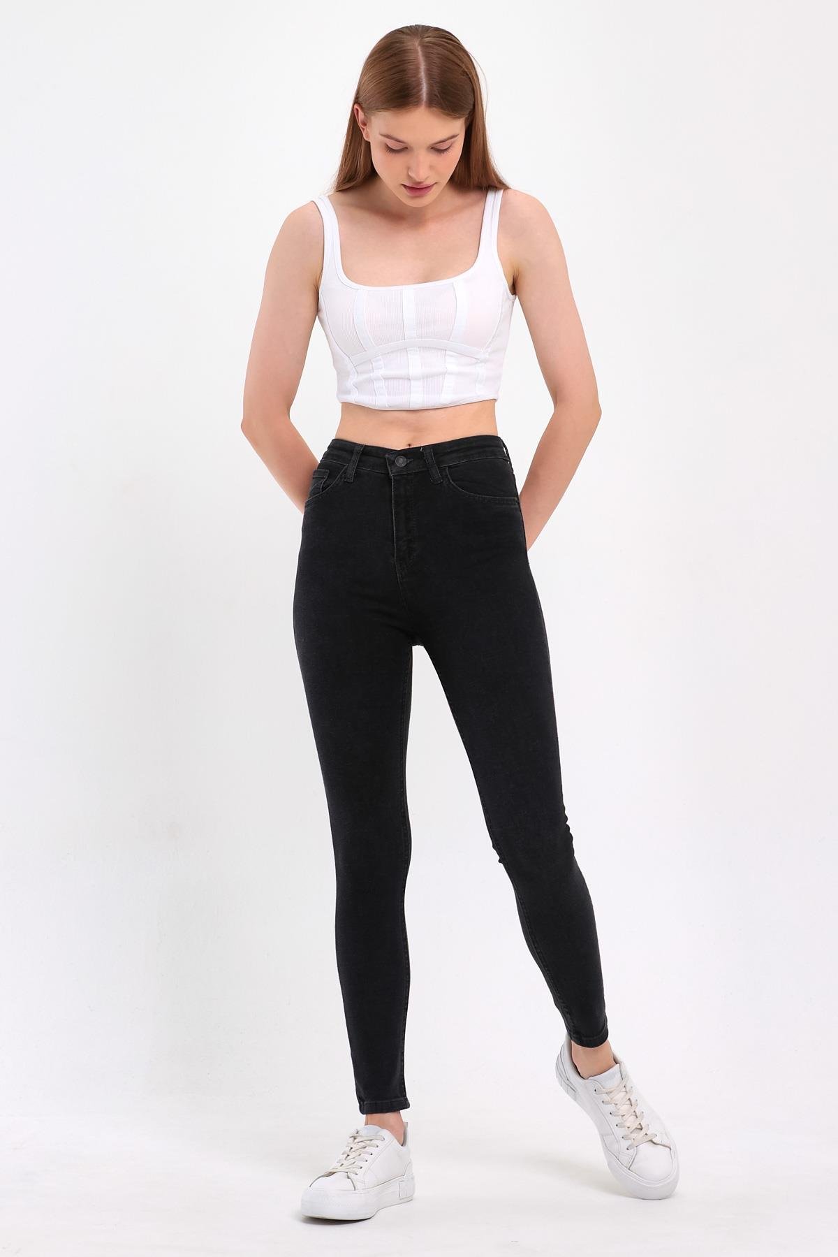 FİHA/PARILTI-4341 KADIN DÜZ JEANS FÜME