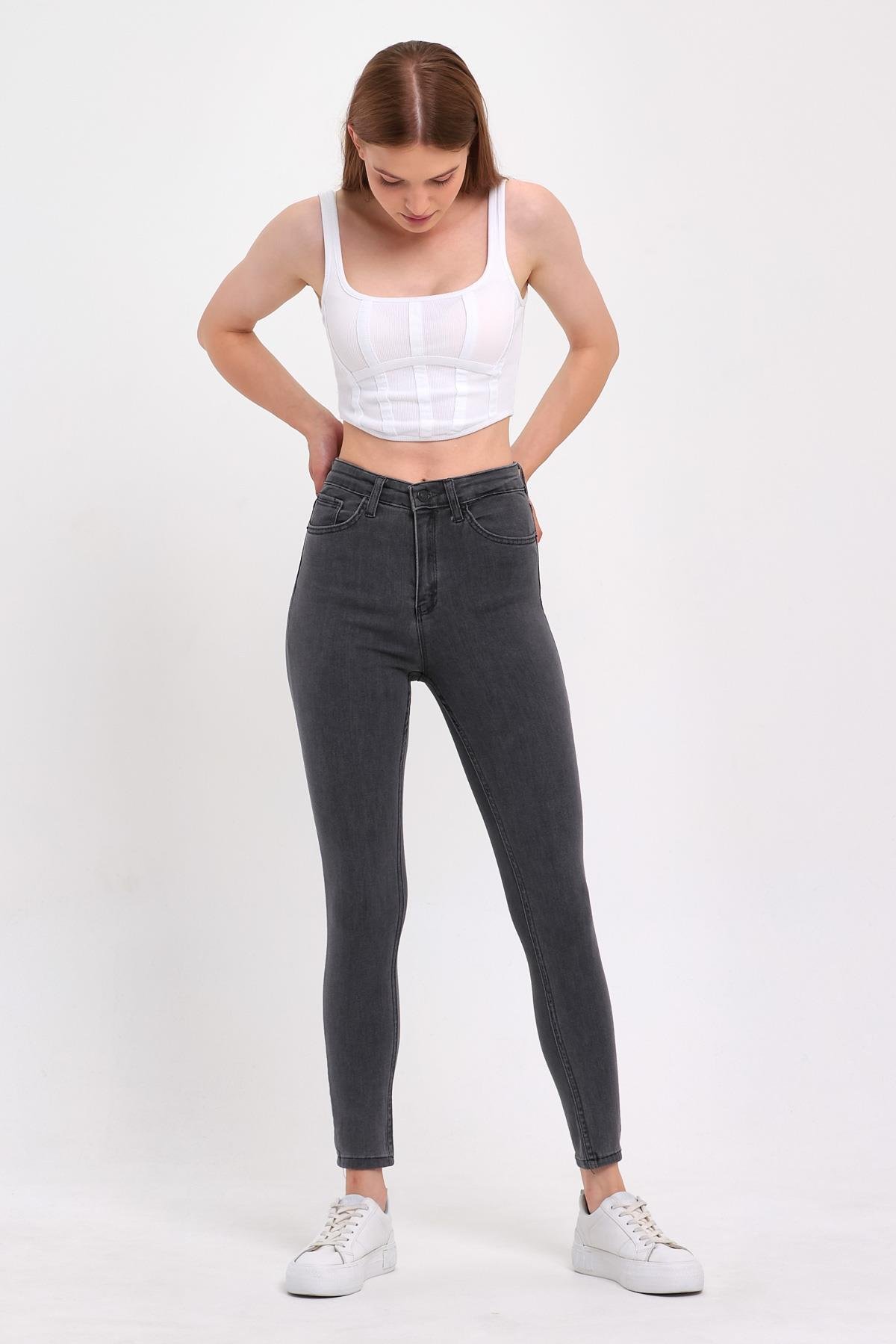 FİHA/PARILTI-4341 KADIN DÜZ JEANS - GRİ - 36