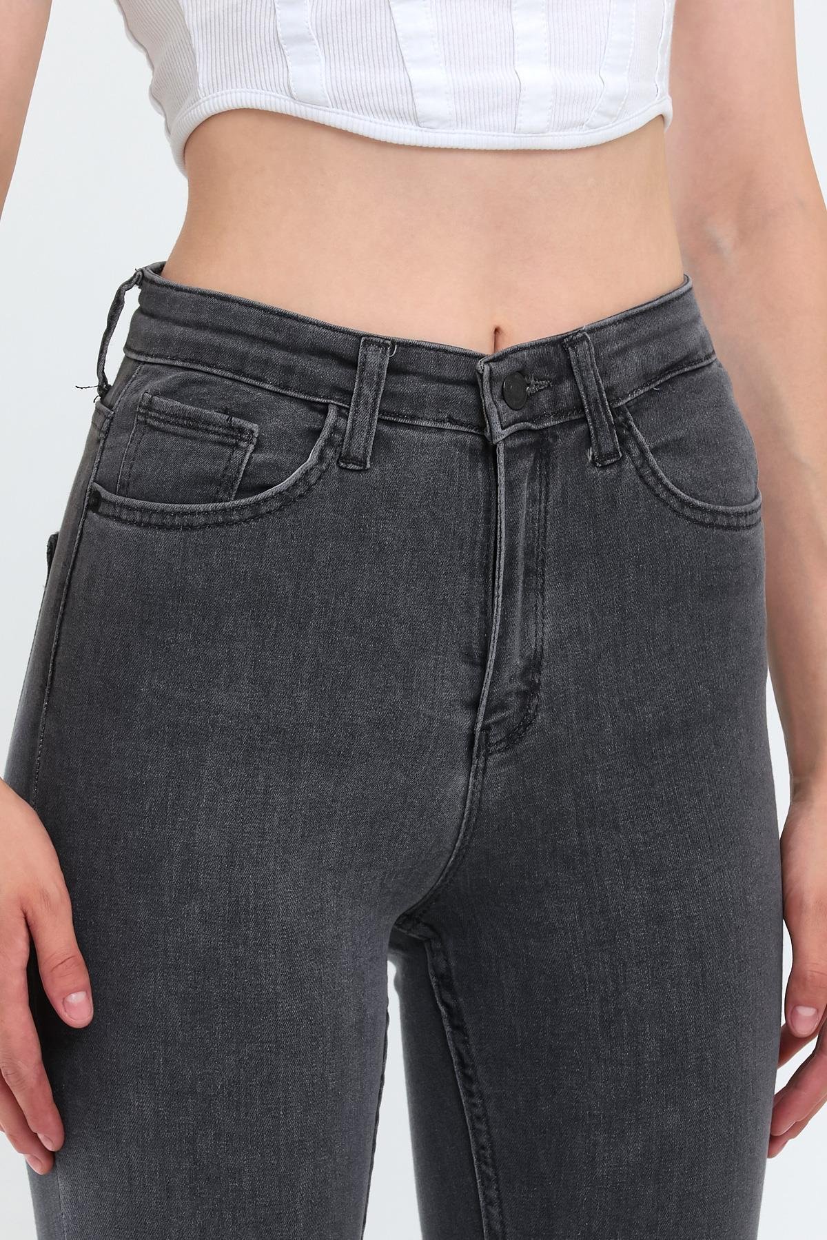 FİHA/PARILTI-4341 KADIN DÜZ JEANS - GRİ - 36