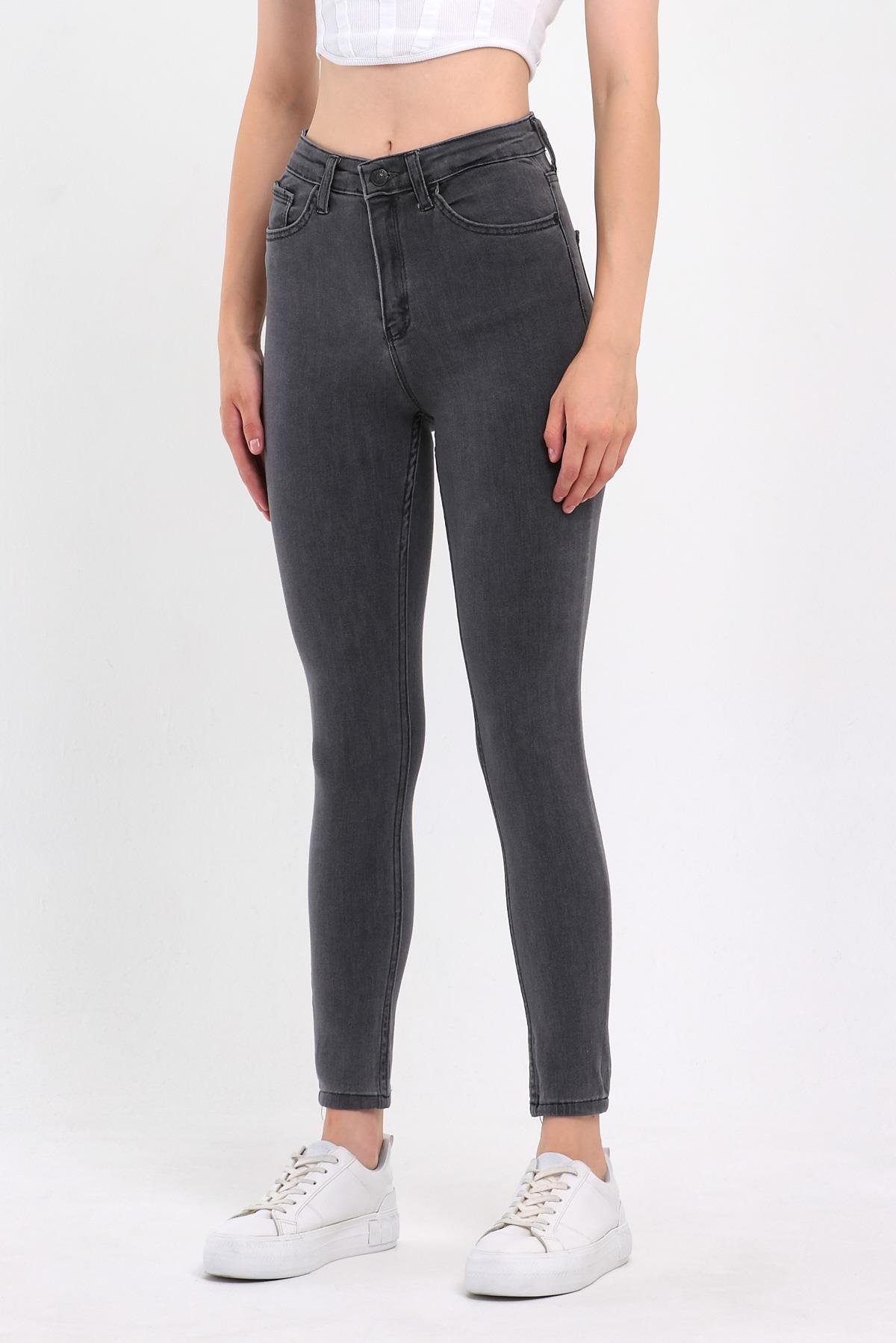 FİHA/PARILTI-4341 KADIN DÜZ JEANS - GRİ - 36