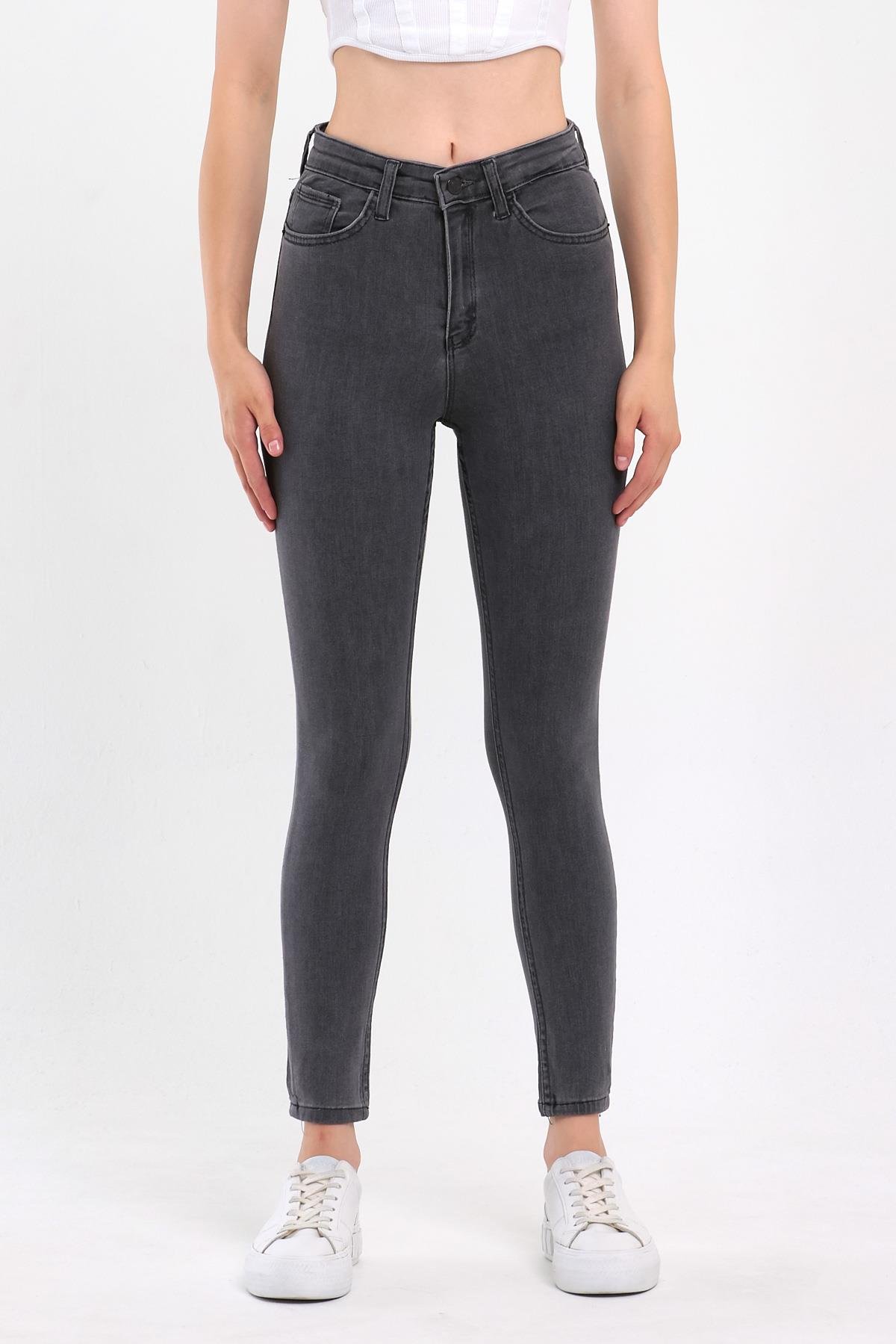 FİHA/PARILTI-4341 KADIN DÜZ JEANS - GRİ - 36