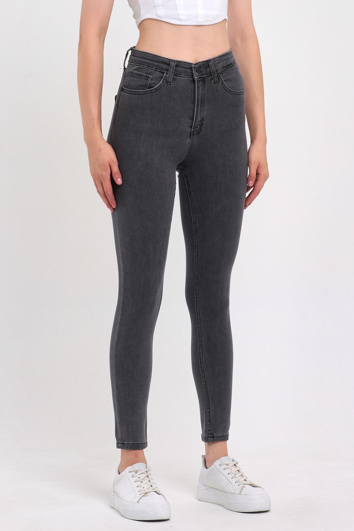 FİHA/PARILTI-4341 KADIN DÜZ JEANS - GRİ - 36