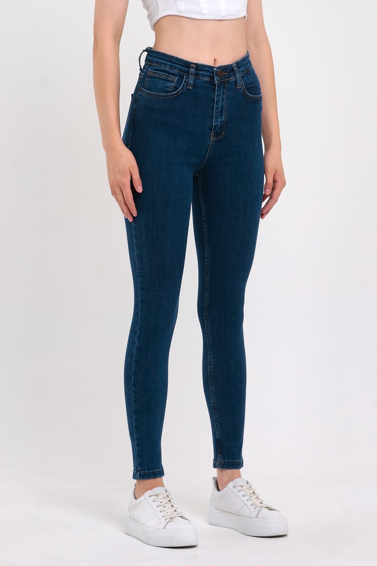 FİHA/PARILTI-4341 KADIN DÜZ JEANS - KOYU MAVİ 