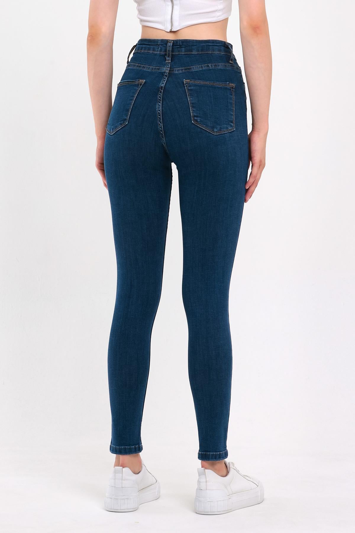 FİHA/PARILTI-4341 KADIN DÜZ JEANS - KOYU MAVİ 