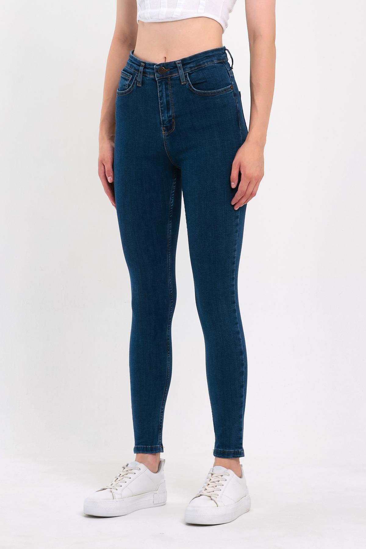 FİHA/PARILTI-4341 KADIN DÜZ JEANS - KOYU MAVİ 