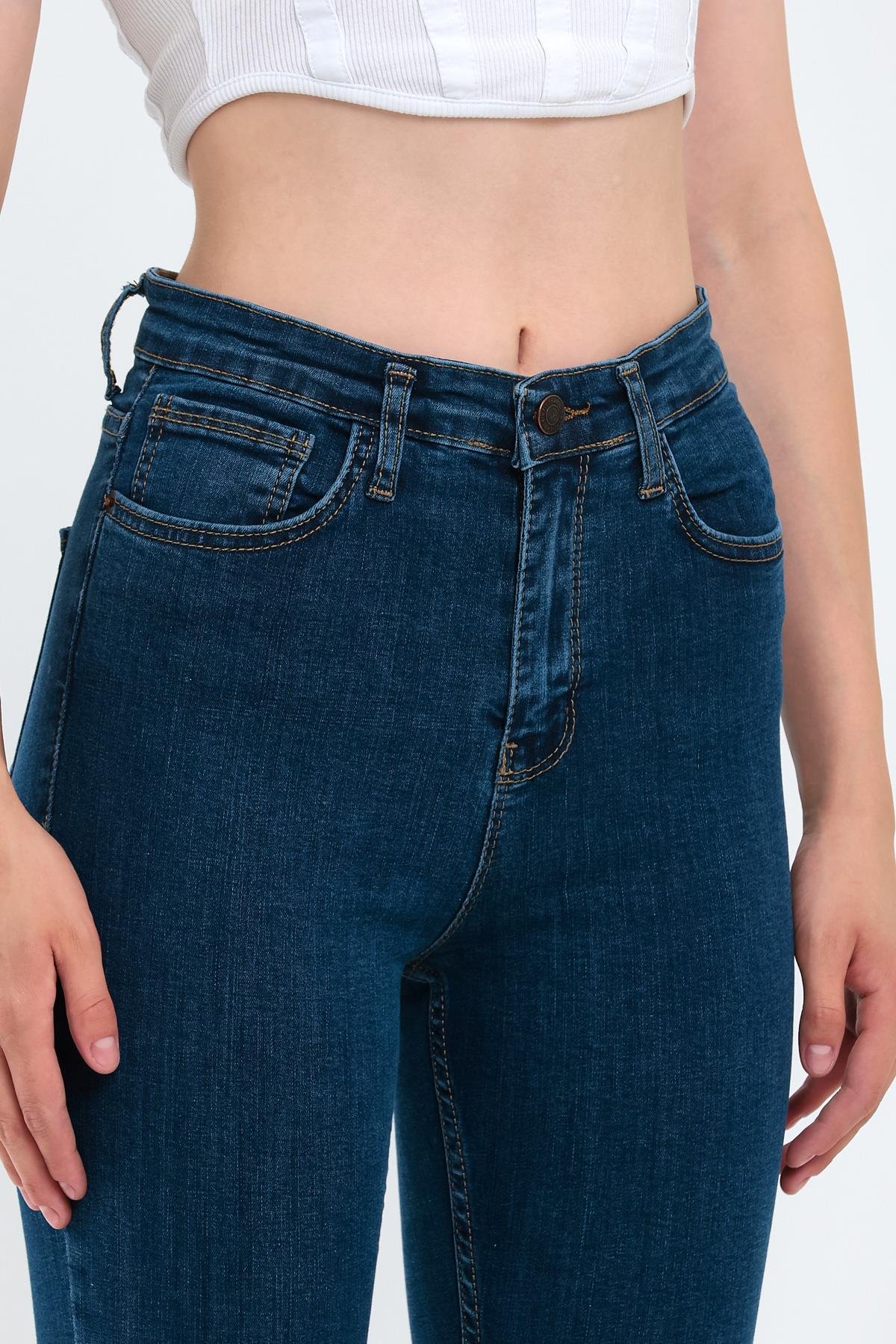 FİHA/PARILTI-4341 KADIN DÜZ JEANS - KOYU MAVİ 