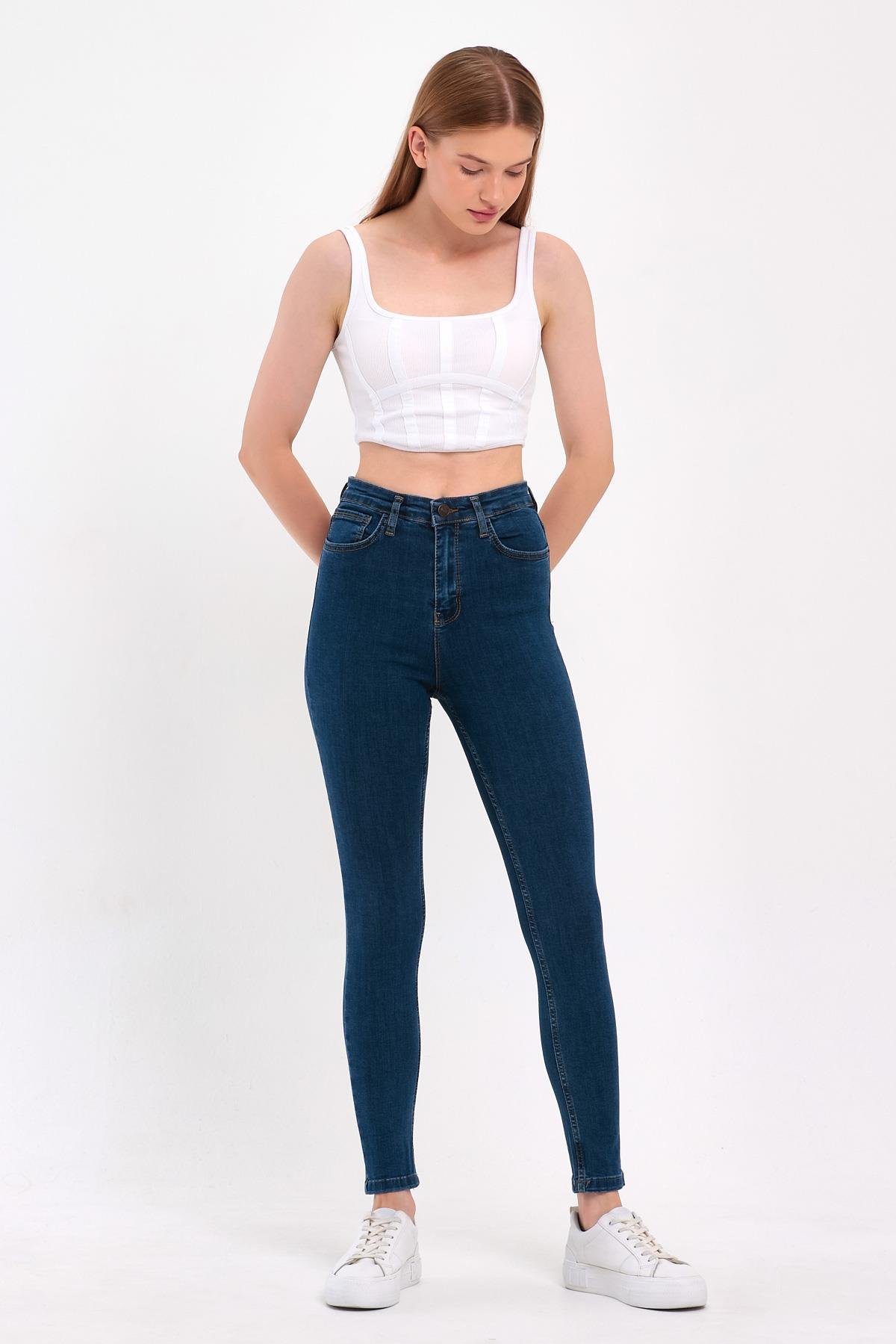 FİHA/PARILTI-4341 KADIN DÜZ JEANS - KOYU MAVİ 