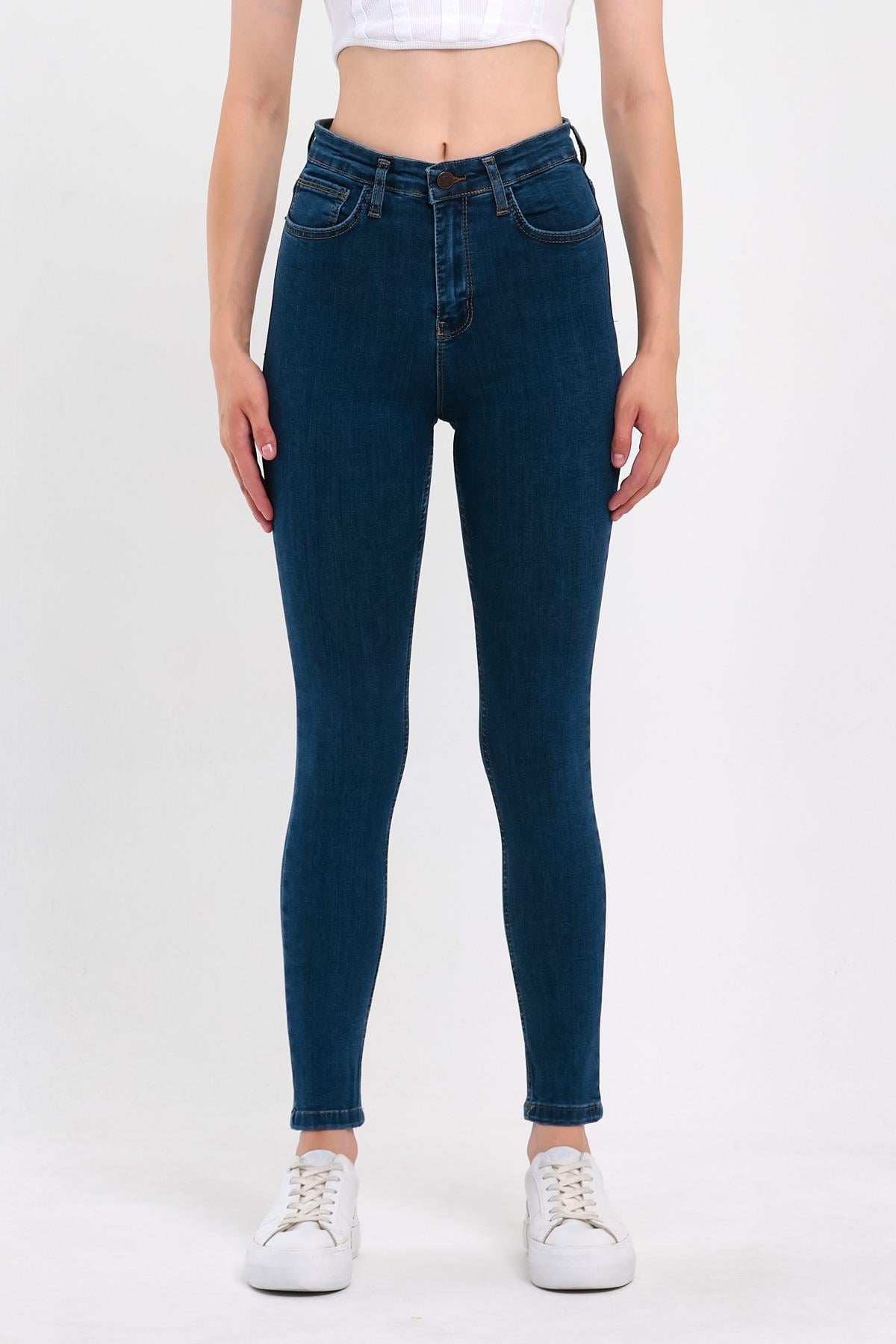 FİHA/PARILTI-4341 KADIN DÜZ JEANS - KOYU MAVİ 