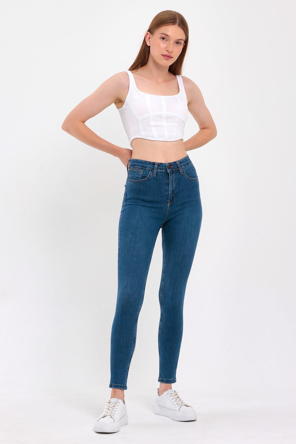 FİHA/PARILTI-4341 KADIN DÜZ JEANS - MAVİ 