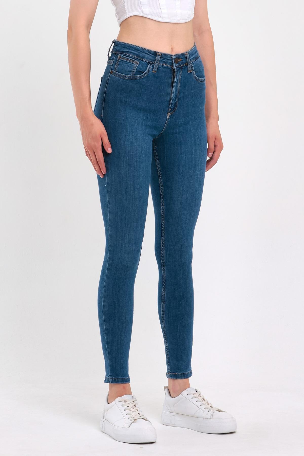 FİHA/PARILTI-4341 KADIN DÜZ JEANS - MAVİ 
