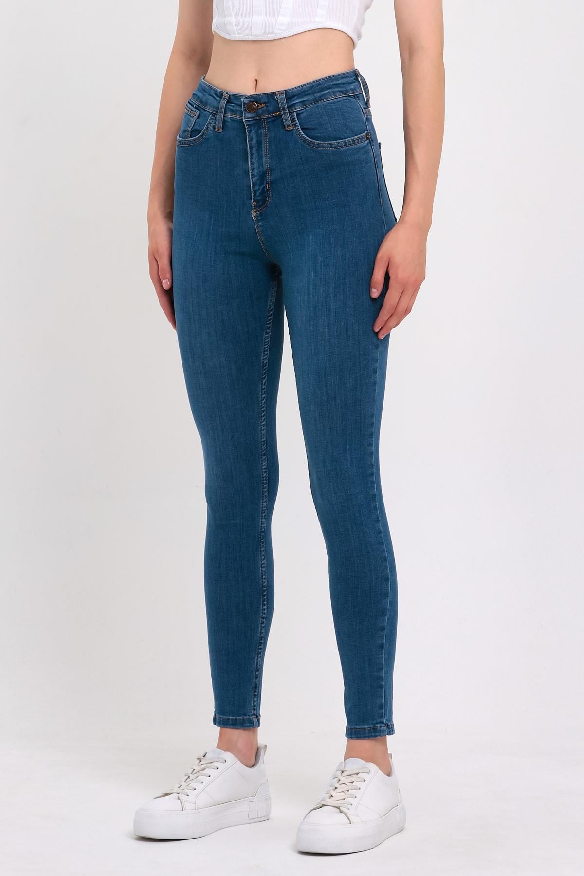 FİHA/PARILTI-4341 KADIN DÜZ JEANS - MAVİ 