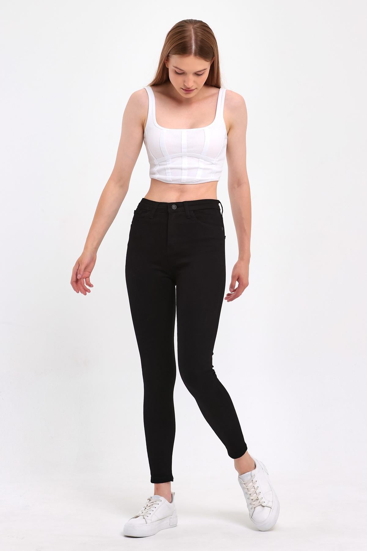 FİHA/PARILTI-4341 KADIN DÜZ JEANS - SİYAH