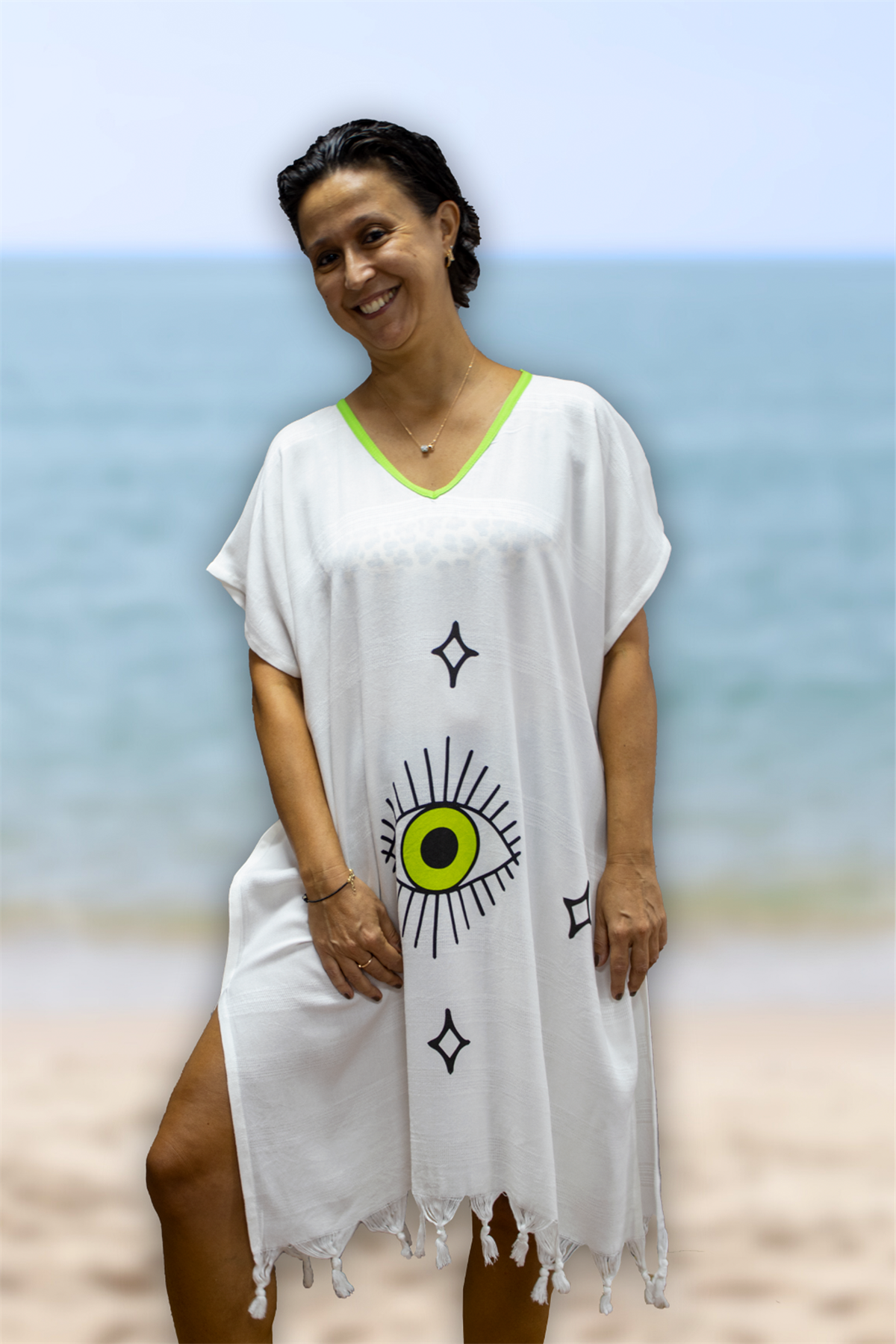 Plaj Elbisesi Viskon / Pamuk Biyeli Eye Desen L- XL