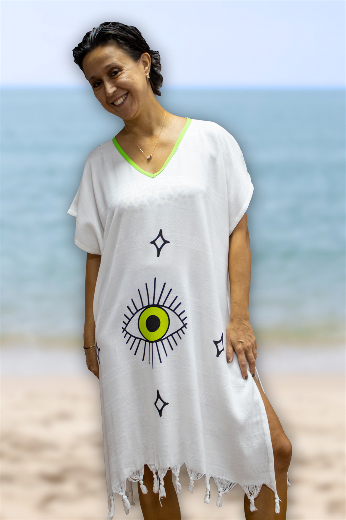 Plaj Elbisesi Viskon / Pamuk Biyeli Eye Desen L- XL