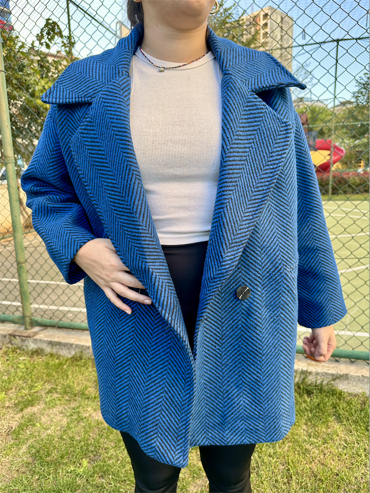 Balık Sırtı Astarlı Oversize Kaşe Kaban Lacivert