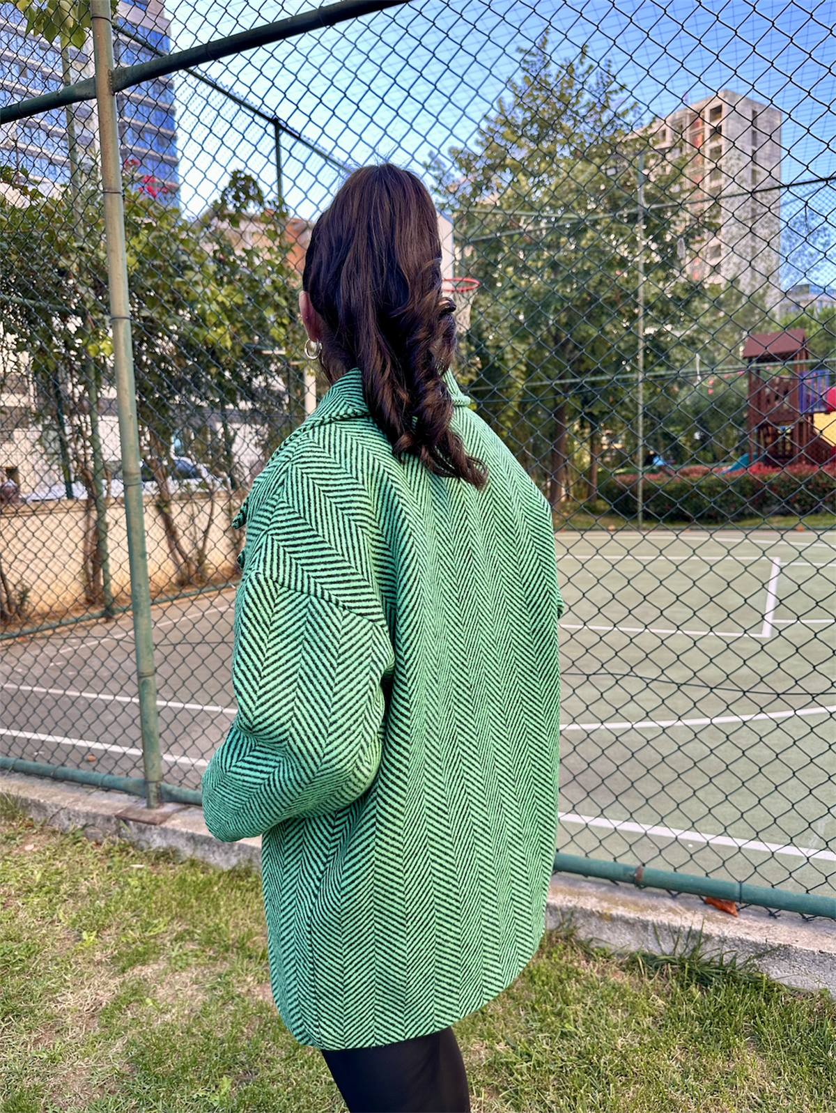 Balık Sırtı Astarlı Oversize Kaşe Kaban Yeşil