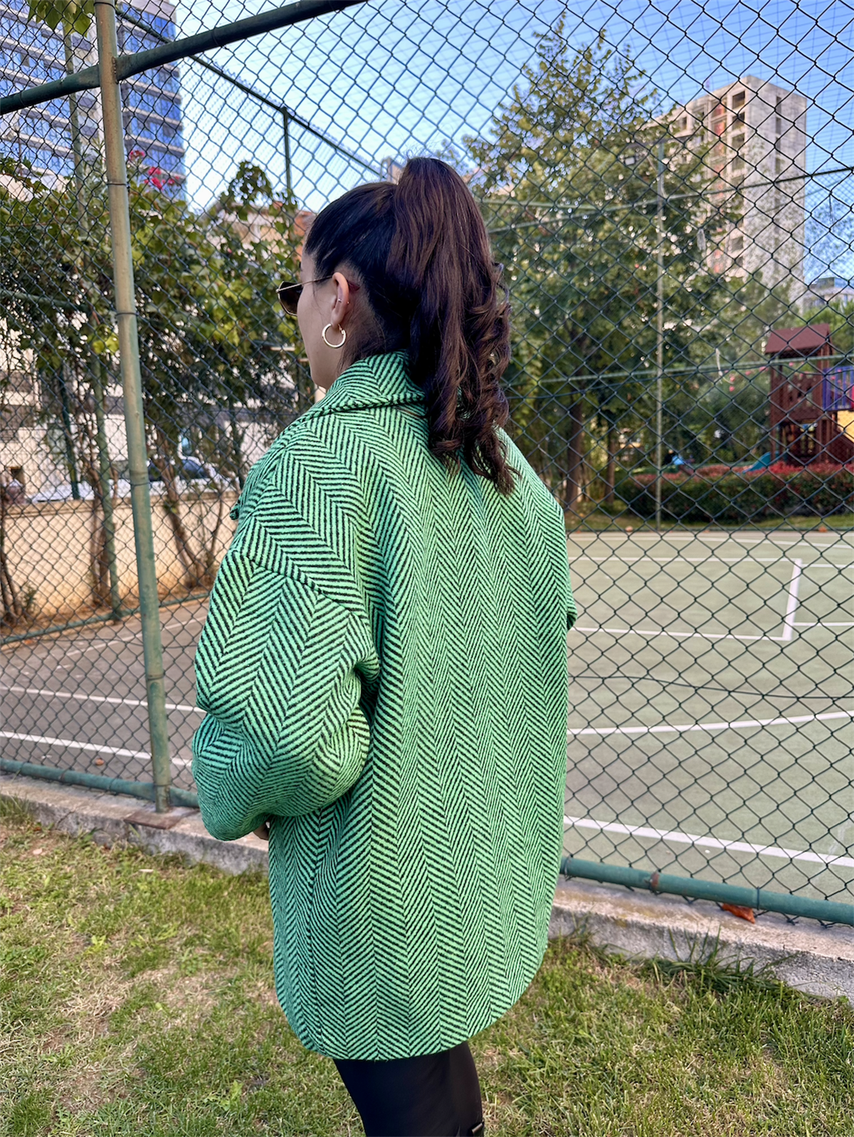 Balık Sırtı Astarlı Oversize Kaşe Kaban Yeşil