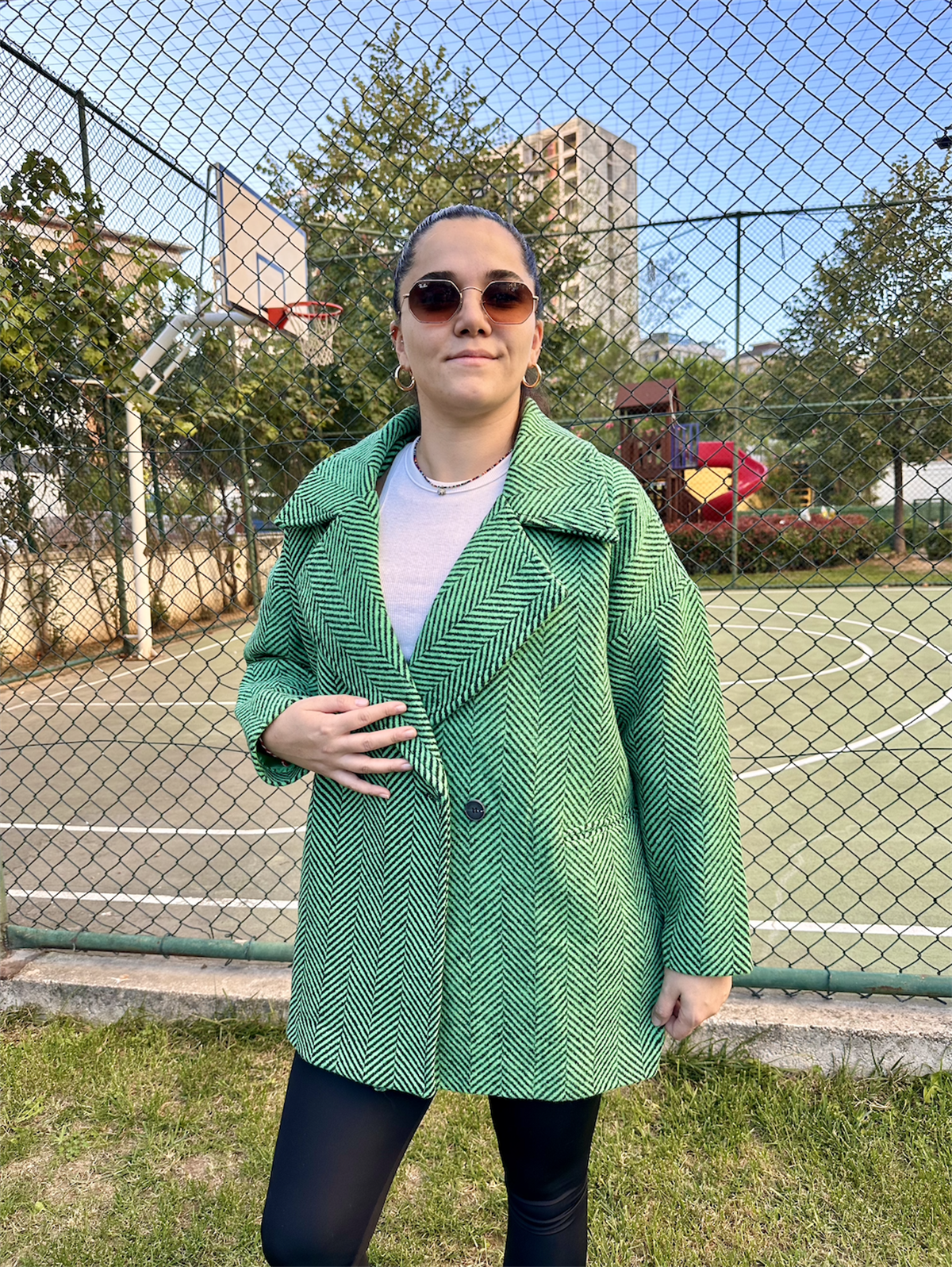 Balık Sırtı Astarlı Oversize Kaşe Kaban Yeşil