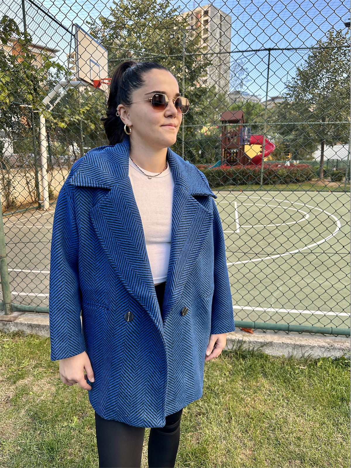 Balık Sırtı Astarlı Oversize Kaşe Kaban Lacivert