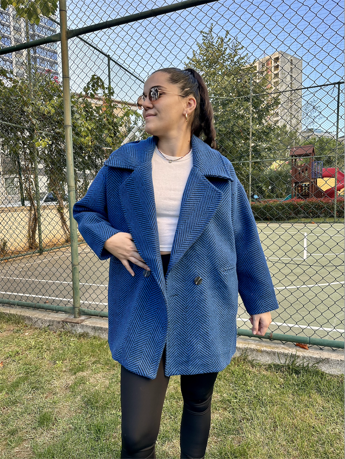 Balık Sırtı Astarlı Oversize Kaşe Kaban Lacivert