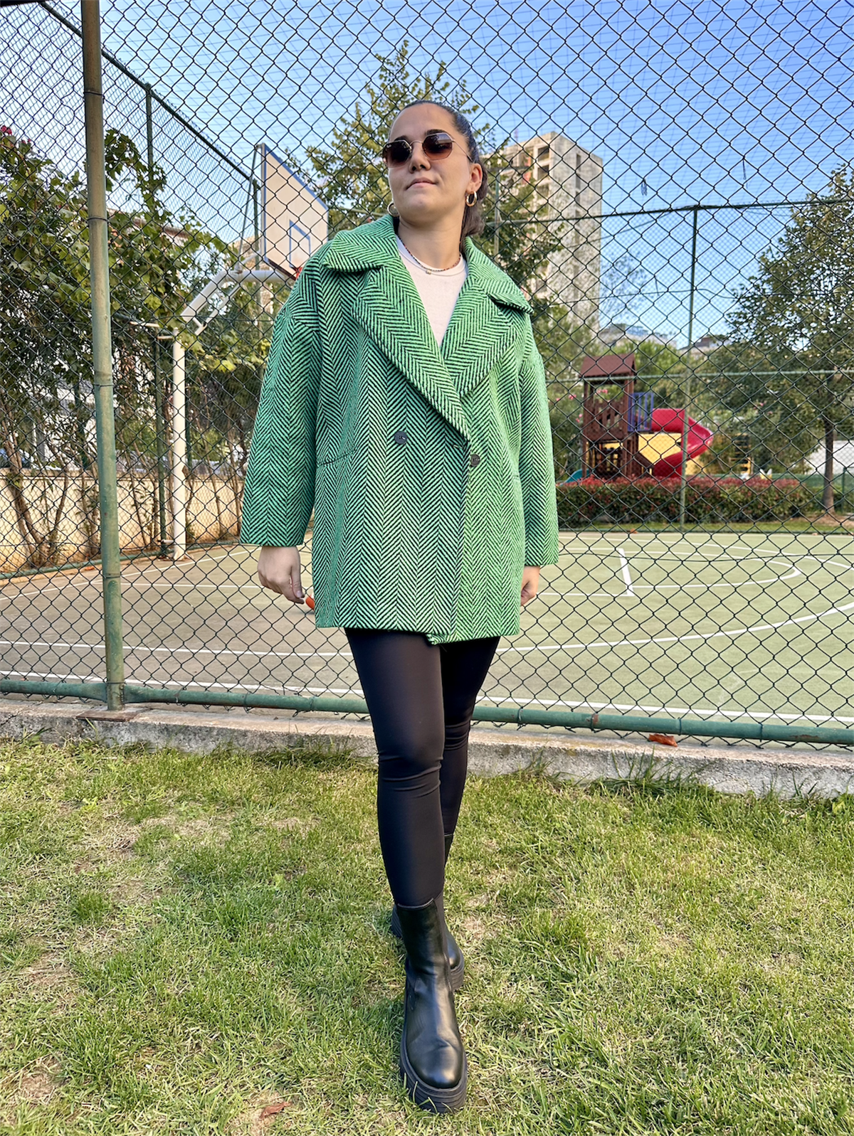Balık Sırtı Astarlı Oversize Kaşe Kaban Yeşil