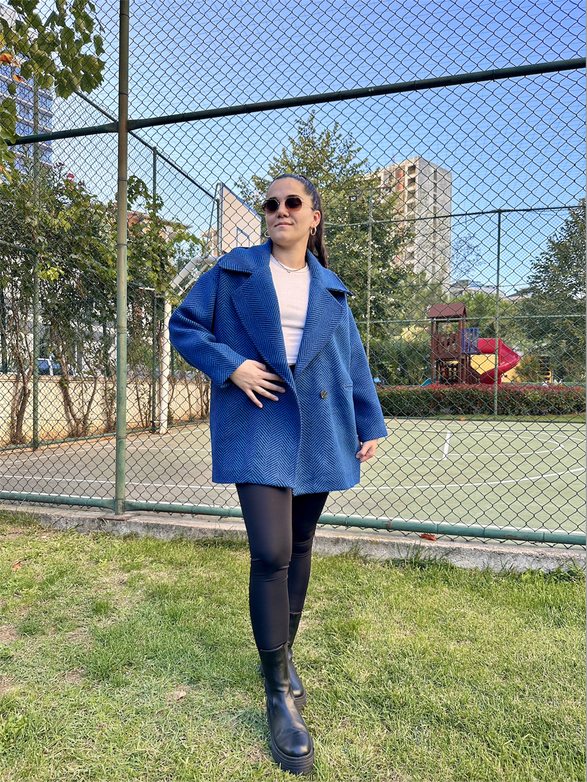 Balık Sırtı Astarlı Oversize Kaşe Kaban Lacivert
