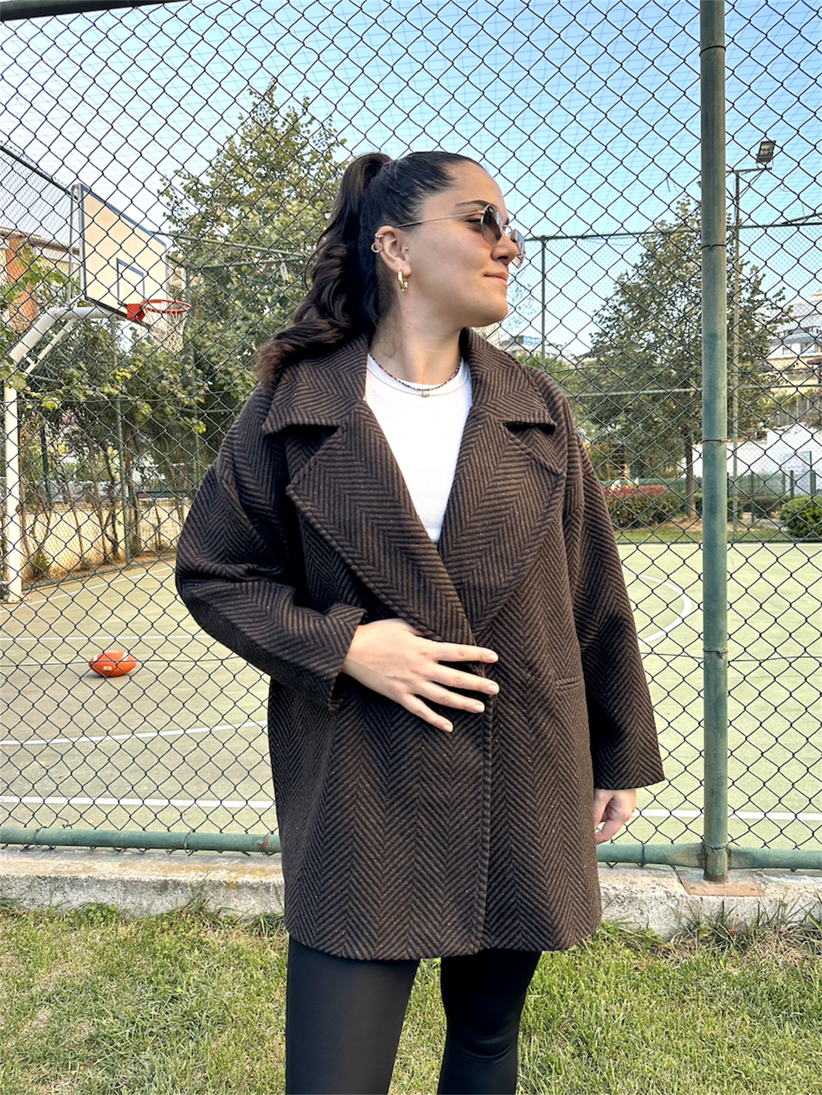 Balık Sırtı Astarlı Oversize Kaşe Kaban Acı Kahverengi