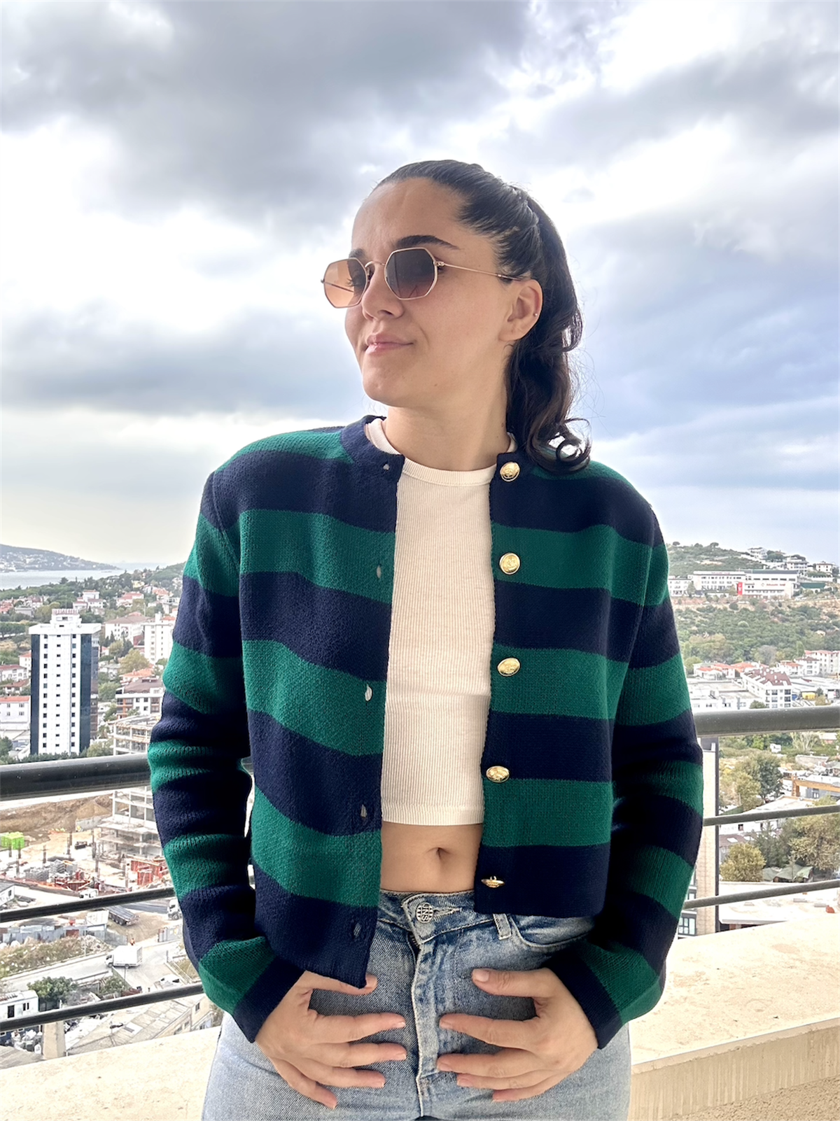 Çizgili Crop Hırka Petrol Yeşili Lacivert