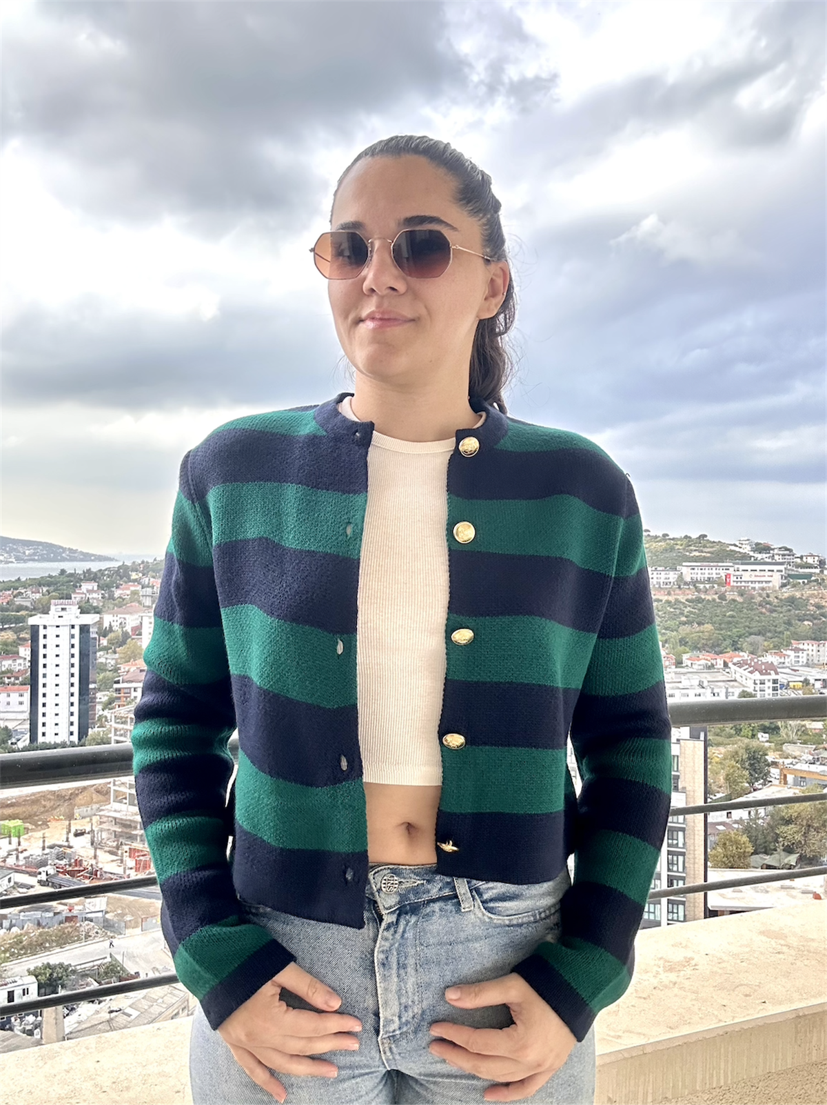 Çizgili Crop Hırka Petrol Yeşili Lacivert