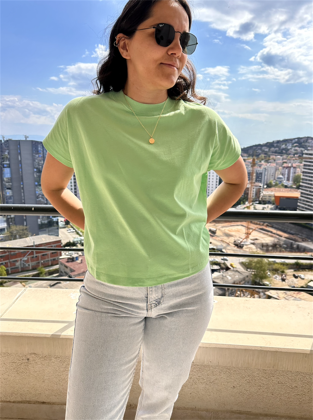 Düşük Kol Bisiklet Yaka Düz Tişört Deniz Yeşili