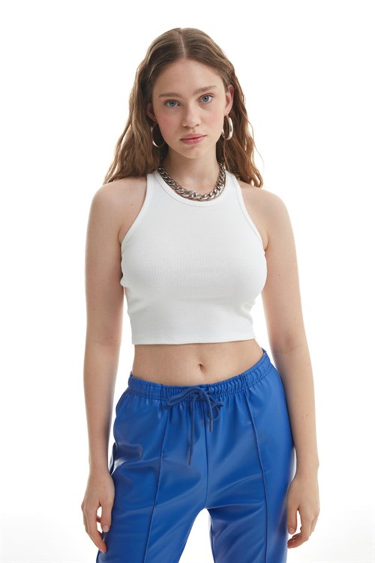 Halter Yaka Crop Bluz Ekru