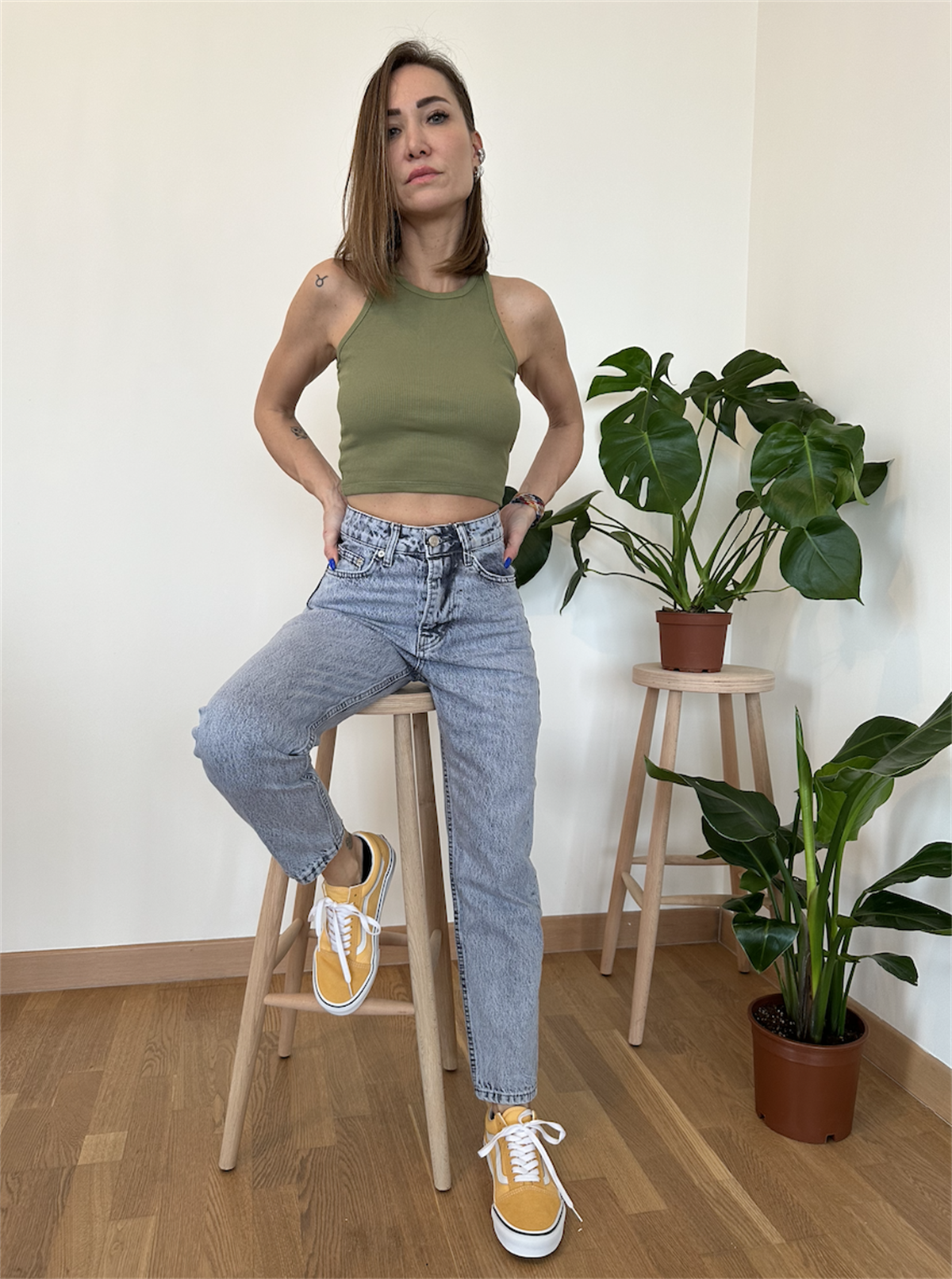 Halter Yaka Crop Bluz Haki