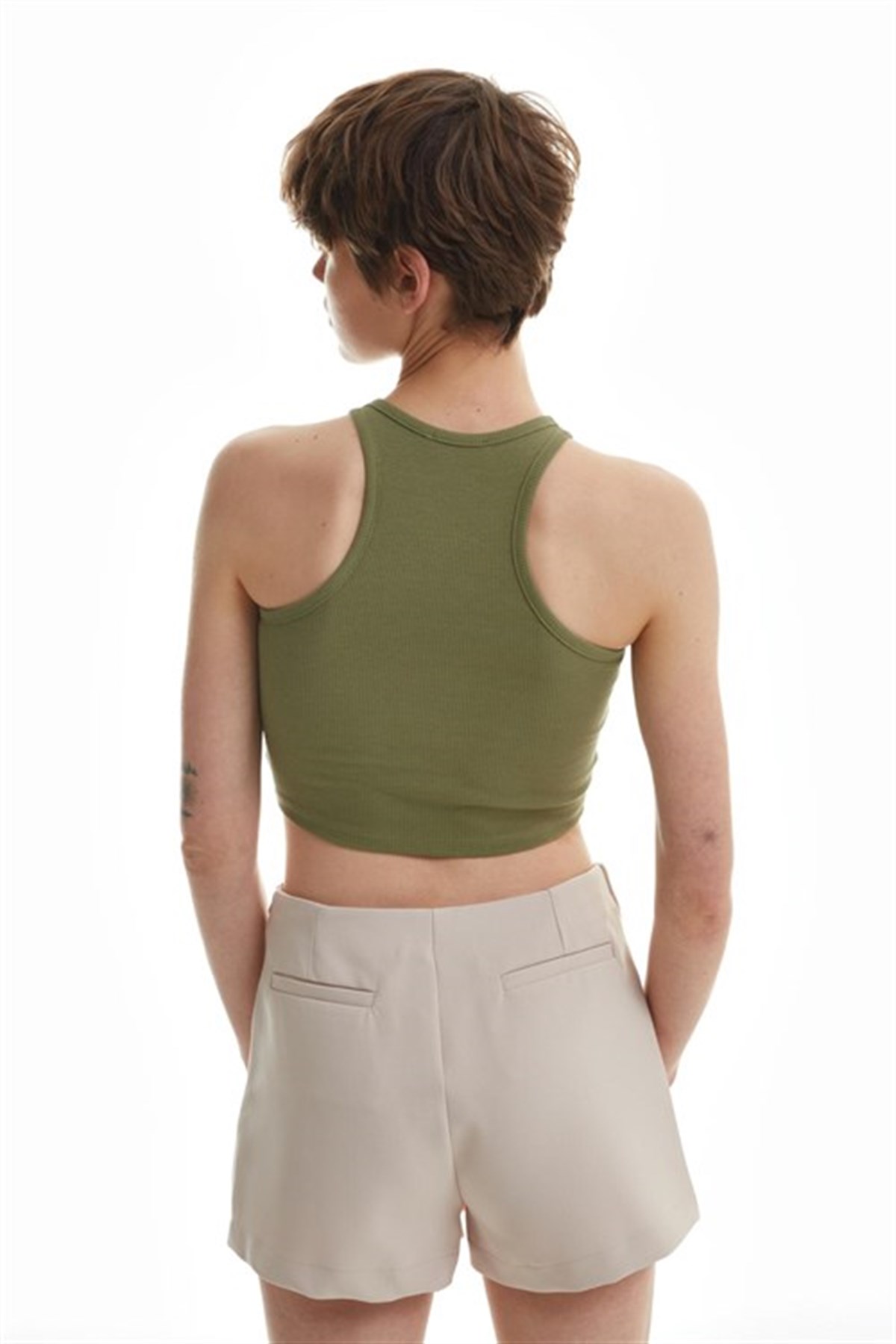 Halter Yaka Crop Bluz Haki