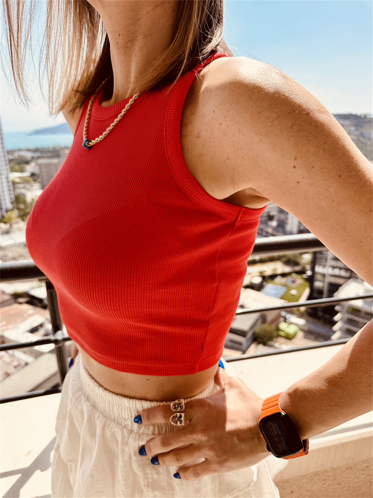 Halter Yaka Crop Bluz Mercan