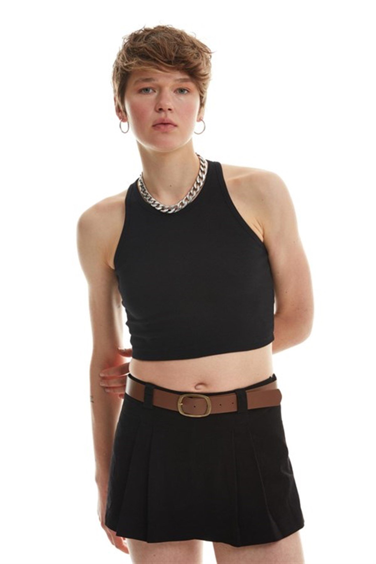 Halter Yaka Crop Bluz Siyah