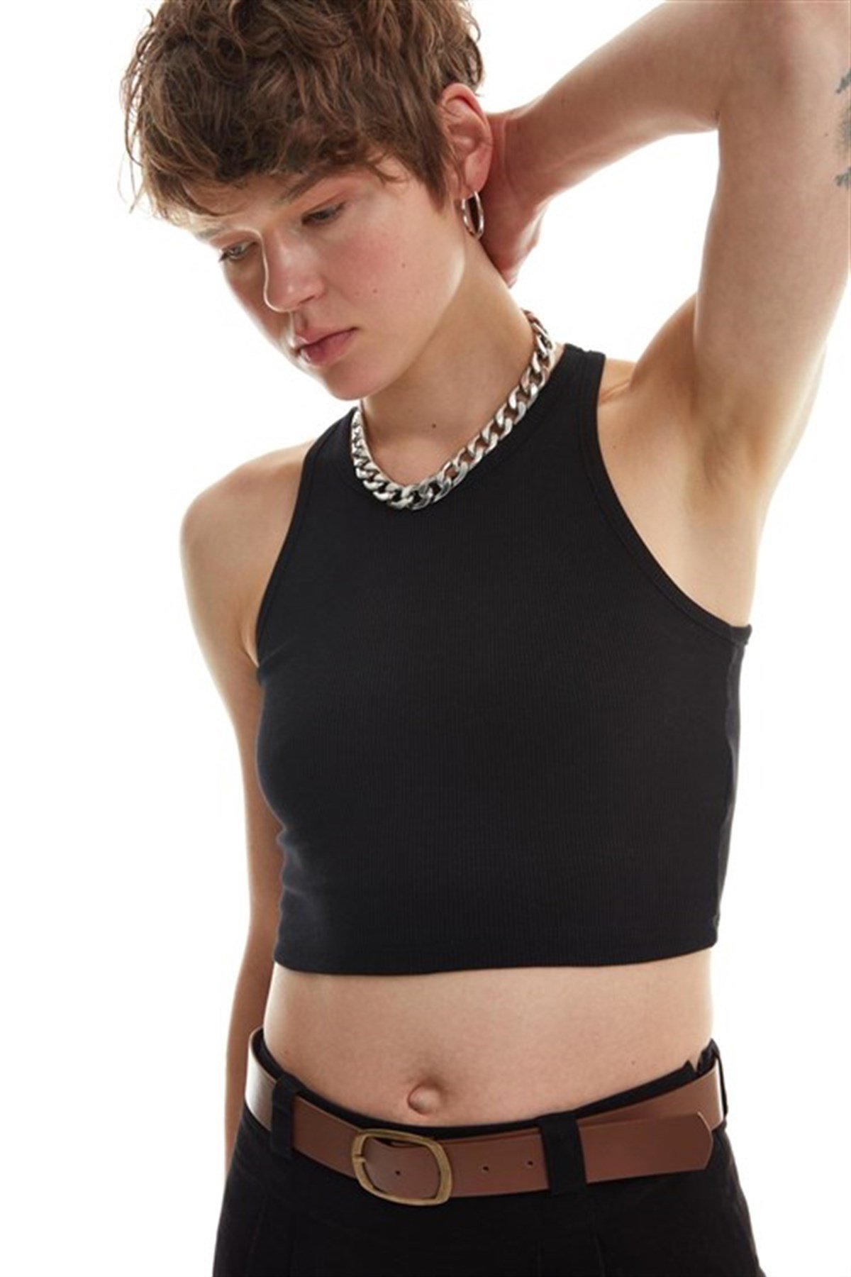 Halter Yaka Crop Bluz Siyah
